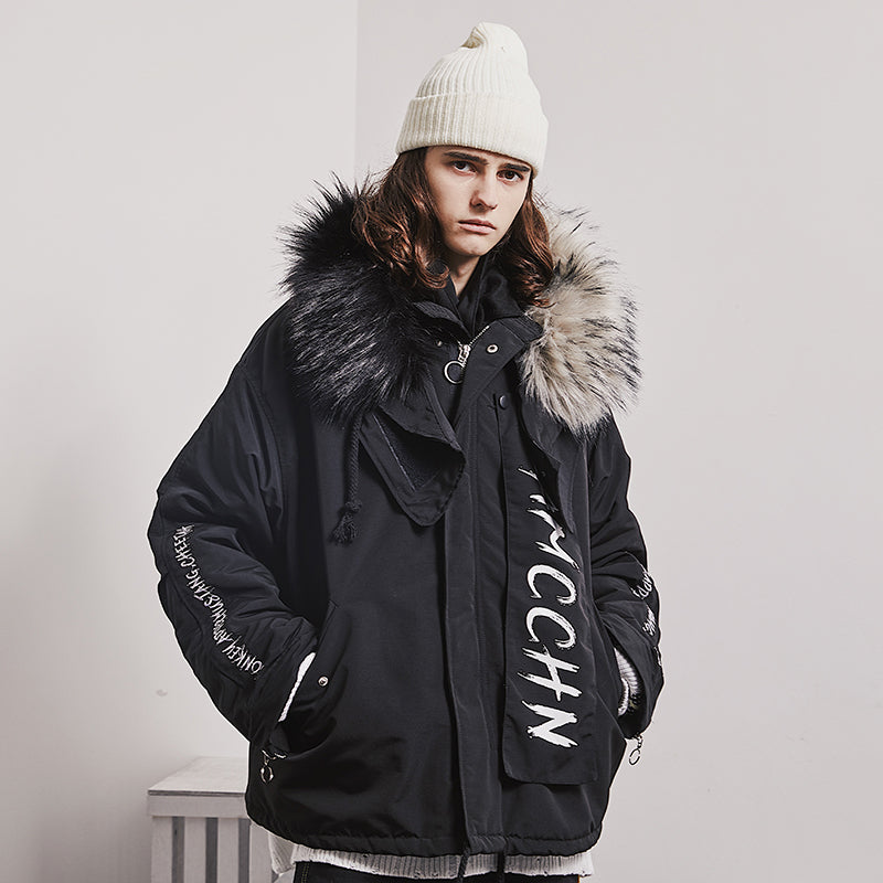 MAMC ABOW LIFE BLACK WHITE LARGE FUR COLLAR UNISEX HOODED JACKET