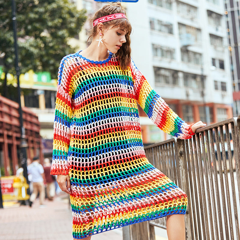 MAXMARTIN RAINBOW STRIPE KNITTED JUMPER DRESS BOOPDOCOM