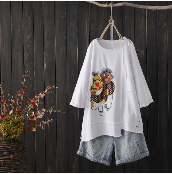 AUTUMN OVERSIZED ORGANIC COTTON T SHIRT WITH CARTOON PATCH - boopdo