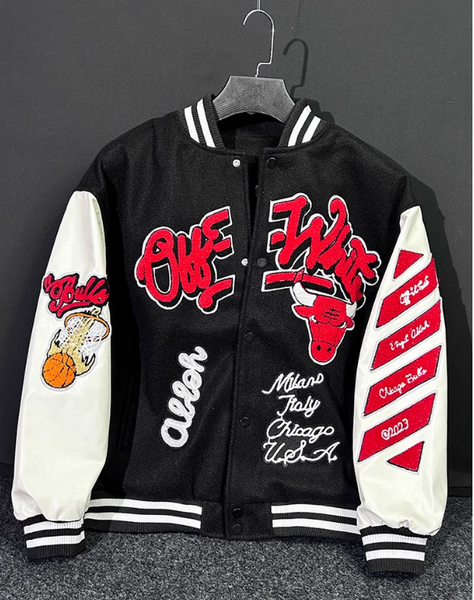 OFF PREMIUM WHITE CHICAGO STREETWEAR BULL BASKETBALL BOMBER JACKET