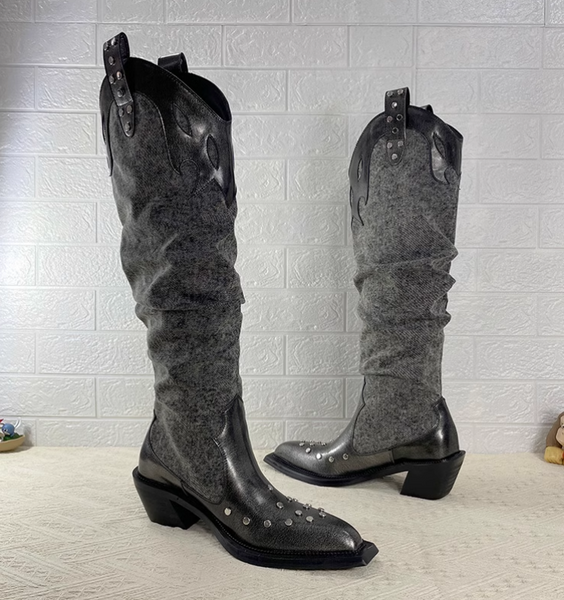 MAXO ELZY VINTAGE WESTERN STYLE KNEE-HIGH DENIM COWGIRL BOOTS