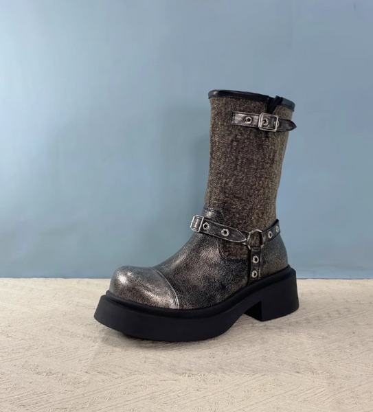 MARTIN TANGO PUNK WASHED DENIM CHUNKY SOLE ANKLE LEATHER BOOTS