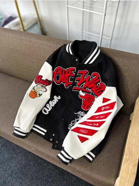 OFF PREMIUM WHITE CHICAGO STREETWEAR BULL BASKETBALL BOMBER JACKET