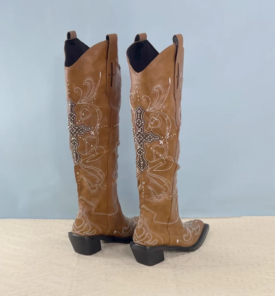 TEXAS VINTAGE CHUNKY HEELED KNEE-HIGH WESTERN COWGIRL BOOTS