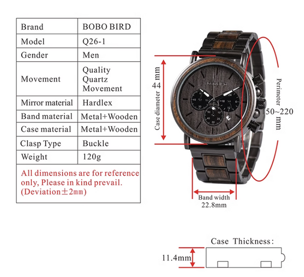 BOBO BIRD HIGH MATTE STAINLESS STEEL WOODEN BLACK WATCH