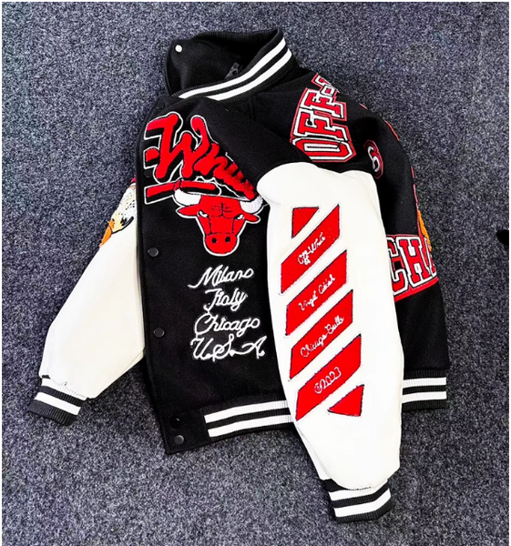 OFF PREMIUM WHITE CHICAGO STREETWEAR BULL BASKETBALL BOMBER JACKET