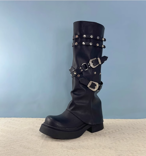 IZZO CAX BRITISH URBAN STYLE OVER-THE-KNEE STUDDED LONG BOOTS