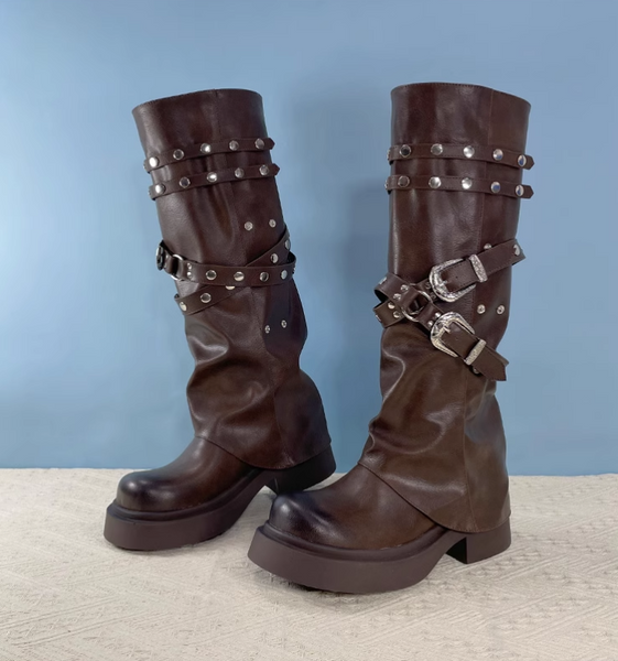 IZZO CAX BRITISH URBAN STYLE OVER-THE-KNEE STUDDED LONG BOOTS