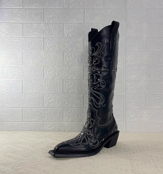 MEXO RUANZI WESTERN DESIGN KNEE-HIGH CHUNKY HEELED BOOTS