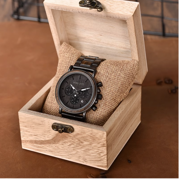 BOBO BIRD HIGH MATTE STAINLESS STEEL WOODEN BLACK WATCH