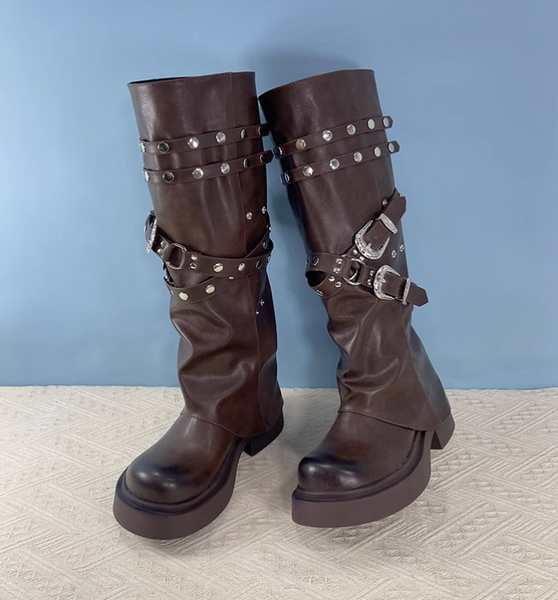 IZZO CAX BRITISH URBAN STYLE OVER-THE-KNEE STUDDED LONG BOOTS