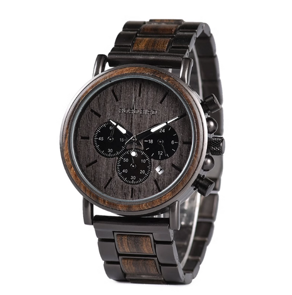 BOBO BIRD HIGH MATTE STAINLESS STEEL WOODEN BLACK WATCH