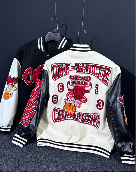 OFF PREMIUM WHITE CHICAGO STREETWEAR BULL BASKETBALL BOMBER JACKET