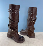 IZZO CAX BRITISH URBAN STYLE OVER-THE-KNEE STUDDED LONG BOOTS