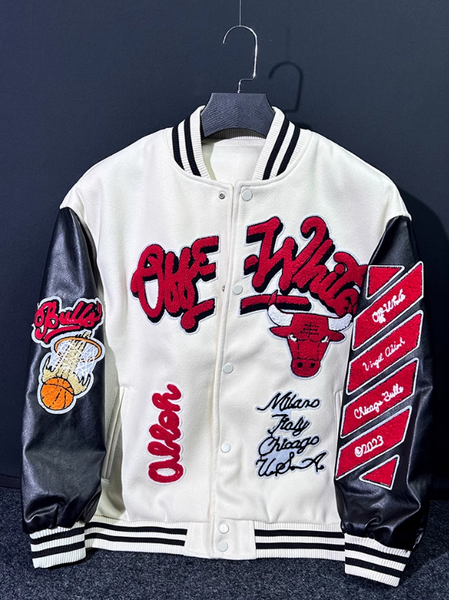 OFF PREMIUM WHITE CHICAGO STREETWEAR BULL BASKETBALL BOMBER JACKET