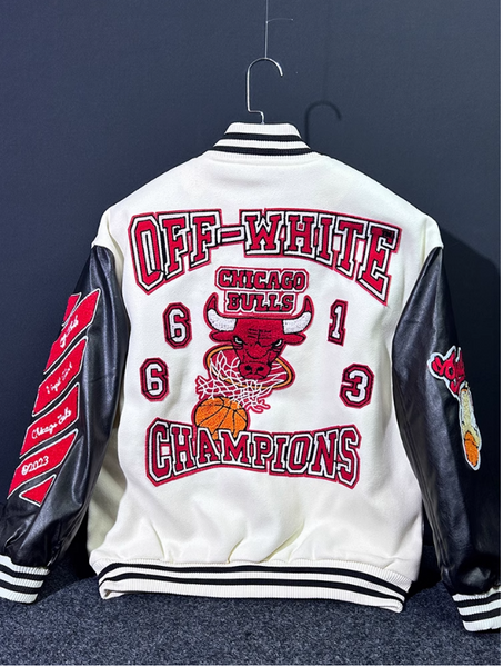 OFF PREMIUM WHITE CHICAGO STREETWEAR BULL BASKETBALL BOMBER JACKET