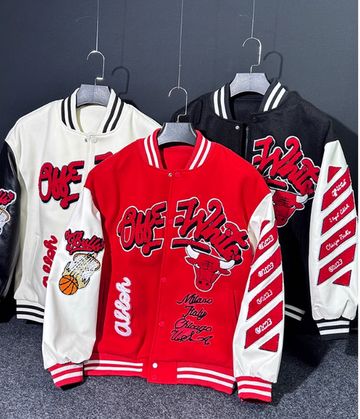 OFF PREMIUM WHITE CHICAGO STREETWEAR BULL BASKETBALL BOMBER JACKET