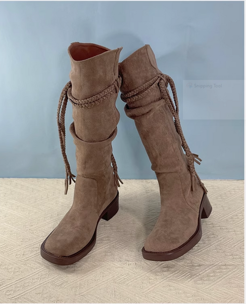 Y2K DYSTOPIAN FRINGE KNEE-HIGH INDIE DESIGN SUEDE WOMEN'S BOOT