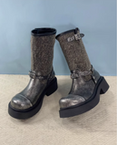 MARTIN TANGO PUNK WASHED DENIM CHUNKY SOLE ANKLE LEATHER BOOTS