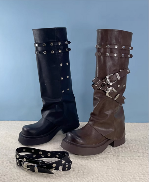 IZZO CAX BRITISH URBAN STYLE OVER-THE-KNEE STUDDED LONG BOOTS