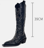 MEXO RUANZI WESTERN DESIGN KNEE-HIGH CHUNKY HEELED BOOTS