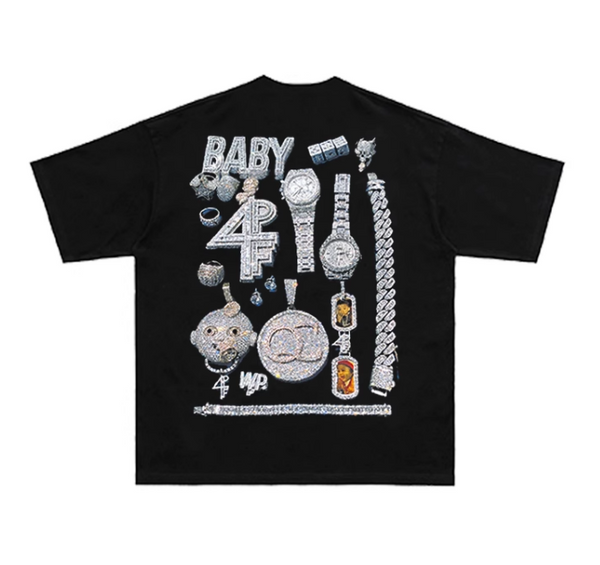 LIL BABY 4PF DIAMOND RHINESTONE PRINT RAPPERS BLACK T SHIRT