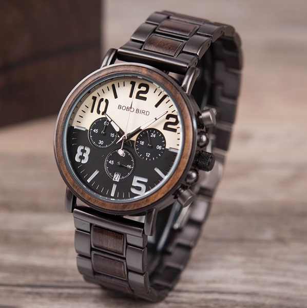 BOBO BIRD MULTI FUNCTION STAINLESS WATCH WITH WOODEN STRAP