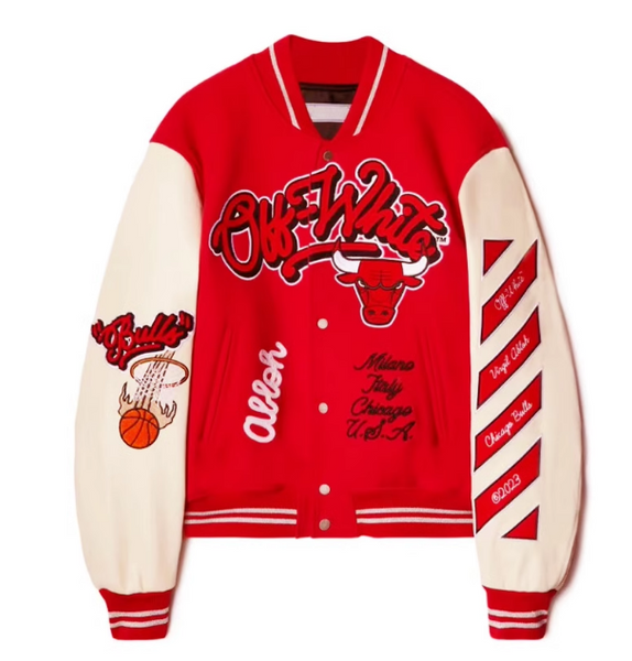 OFF PREMIUM WHITE CHICAGO STREETWEAR BULL BASKETBALL BOMBER JACKET