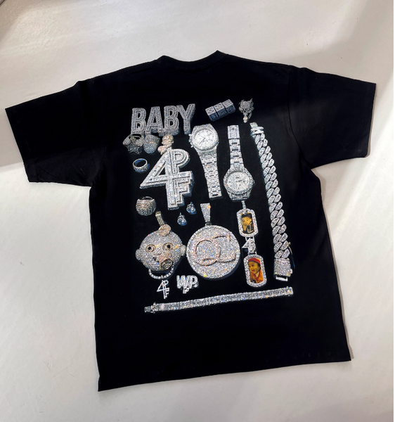 LIL BABY 4PF DIAMOND RHINESTONE PRINT RAPPERS BLACK T SHIRT