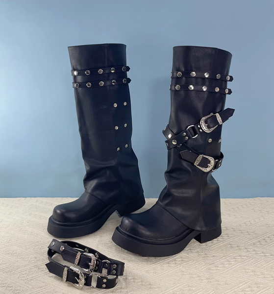 IZZO CAX BRITISH URBAN STYLE OVER-THE-KNEE STUDDED LONG BOOTS