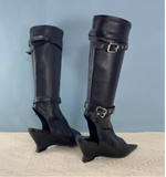 MORCHALO FOXO OPEN-TOE BUCKLE STRAP PLATFORM HEELED LONG BOOTS