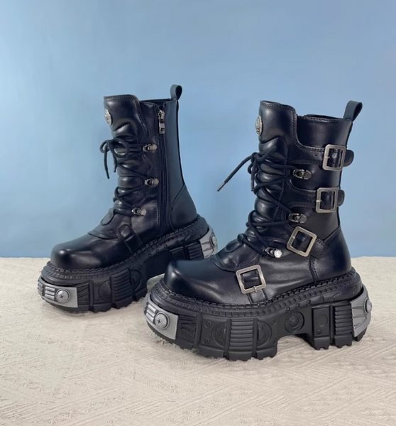 MORCHALO KOREAN PUNK STYLE METAL CHUNKY PLATFORM BOOTS