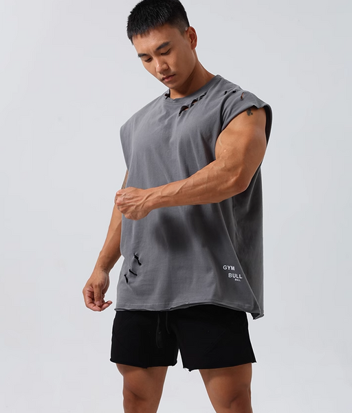 GYM BUDDY WORKOUT SLEEVELESS T SHIRT WITH DISTRESSED HOLES