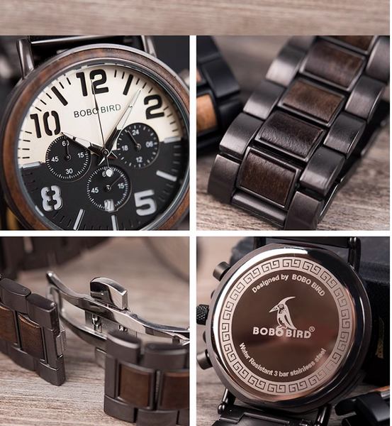 BOBO BIRD MULTI FUNCTION STAINLESS WATCH WITH WOODEN STRAP