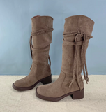 Y2K DYSTOPIAN FRINGE KNEE-HIGH INDIE DESIGN SUEDE WOMEN'S BOOT