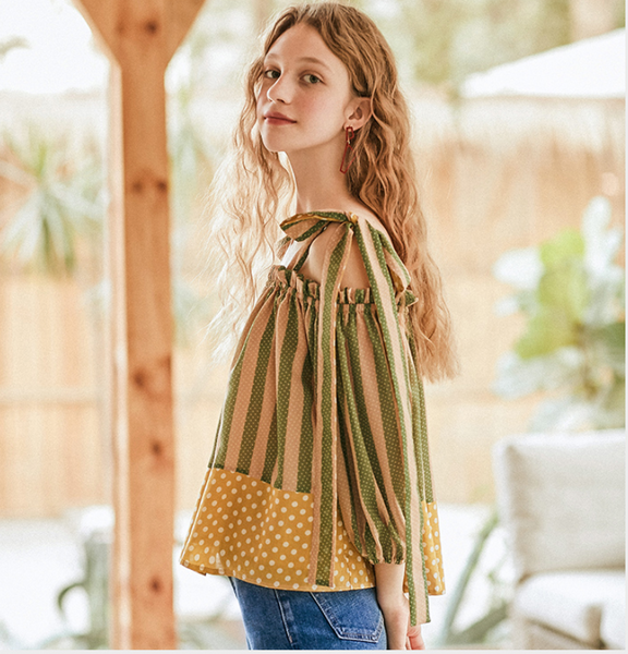 JAM PRINCESS COLD SHOULDER TOP WITH TIES IN GREEN - boopdo