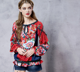 ARTKA RED FLORAL PRINT BLOUSE WITH DENIM SIDE DETAIL - boopdo