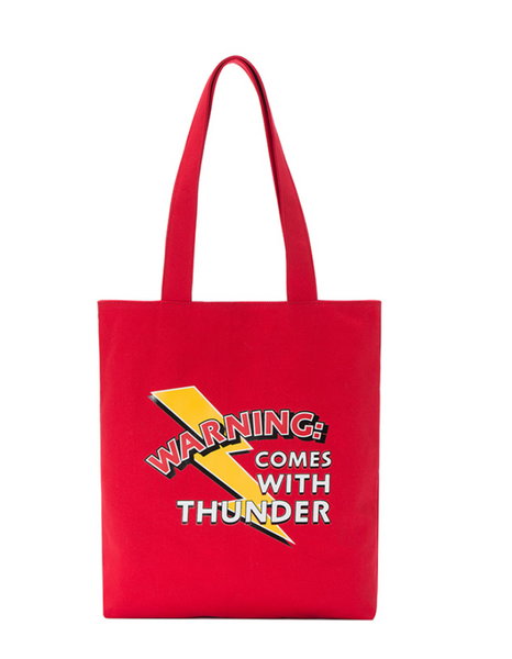 TOYOUTH WARNING COMES WITH THUNDER TOTE BAG M8742826054a RED BLUE WHITE - boopdo
