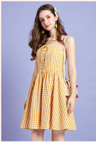 ARTKA LACE UP FRONT MINI SUNDRESS IN YELLOW CHECK - boopdo