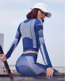 MIP QUICK DRY TRAINING LONG SLEEVE T SHIRT WITH TRAINING LEGGINGS IN BLUE - boopdo