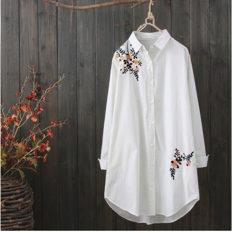 AUTUMN VINTAGE INSPIRED LONG LINE EMBROIDERED BLOUSE - boopdo