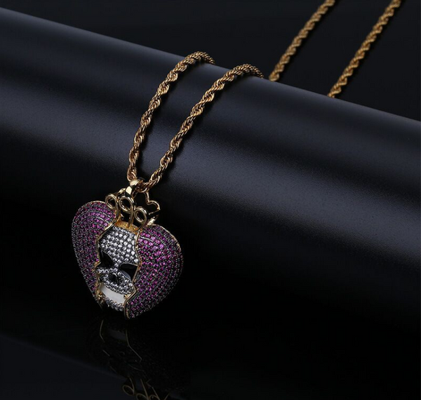 AKAO JUICE WRLD DEVIL SKULL HEART BROKEN ZIRCON PENDANT NECKLACE - boopdo