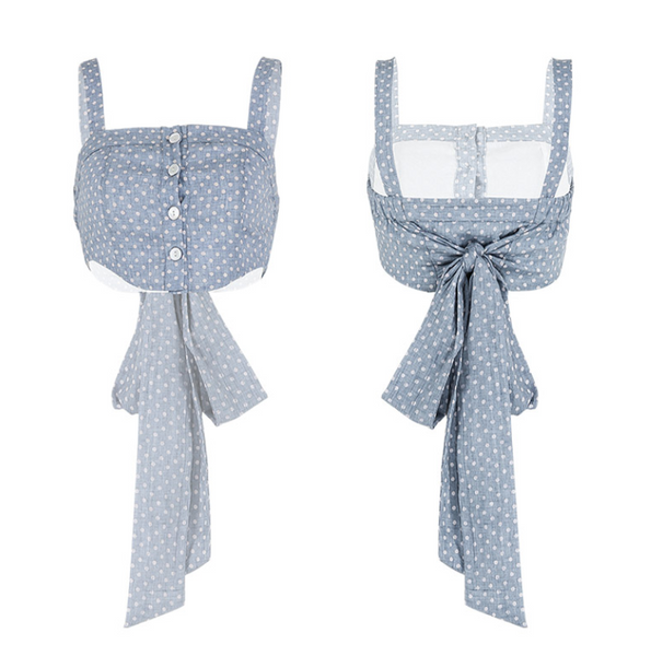 SINCE THEN BUTTON FRONT TIE BACK CROP TOP IN POLKA DOT - boopdo