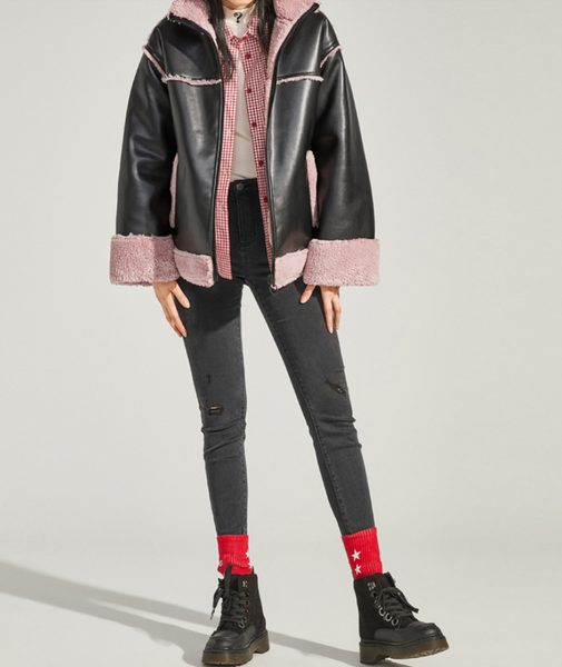 PEACE BIRD FAUX SHEARLING BIKER JACKET WITH BACK PRINT DETAIL - boopdo