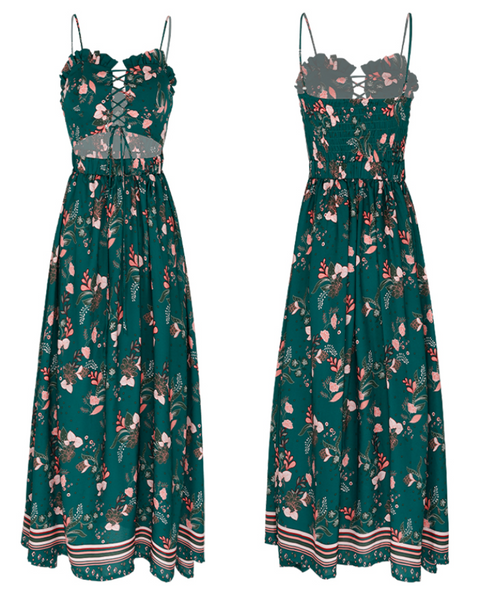 SINCE THEN CUT OUT WAIST MAXI SLIP DRESS IN GREEN FLORAL - boopdo