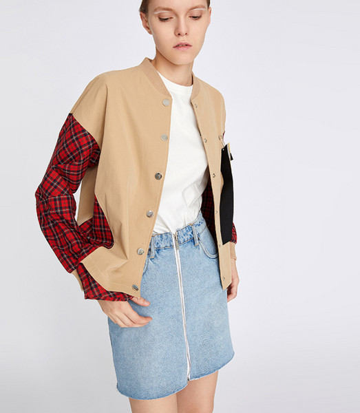 TOYOUTH CHECK DETAIL JERSEY BOMBER JACKET - boopdo