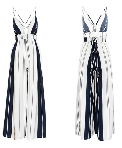 SINCE THEN CAMI STRAP WIDE LEG JUMPSUIT WITH CROSS BACK IN STRIPE - boopdo