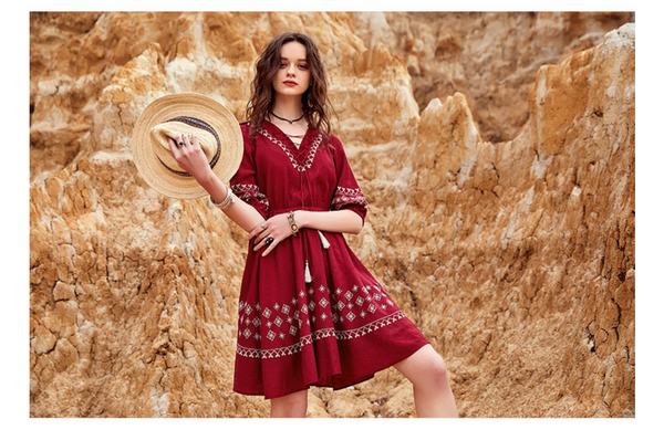 ARTKA TASSEL TIES AND EMBROIDERED DRESS IN BURGUNDY - boopdo