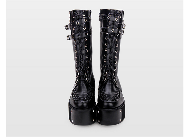 OZPO LOLITA COSBY PUNK STYLE PLATFORM BOOTS WITH RIVET IN BLACK - boopdo