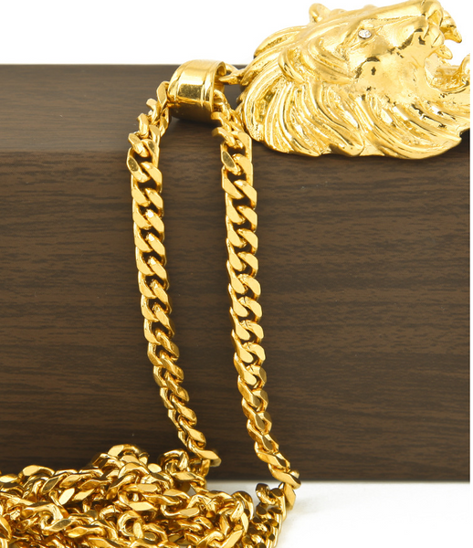 AXXOCORIA THREE DIMENSIONAL LION HEAD PENDANT WITH CUBAN CHAIN GOLD PLATED - boopdo